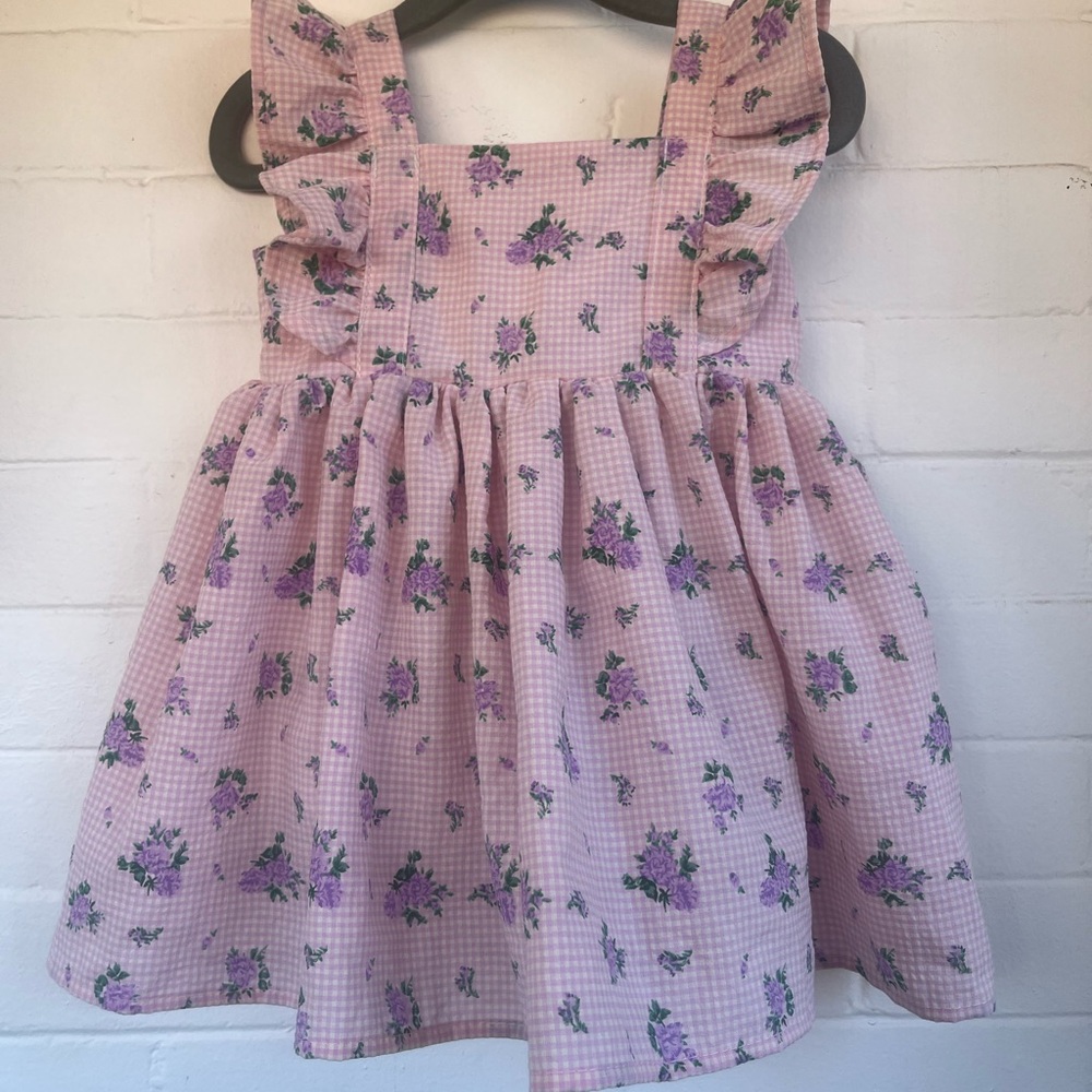 Popatu Pink and Purple Gingham  Floral Kids Dress Size 12 months
